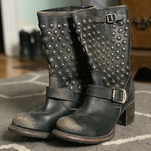 Frye Vera Disc Stud Short Stone Wash Moto Boots